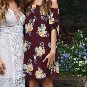 Maroon Floral off the shoulder dress